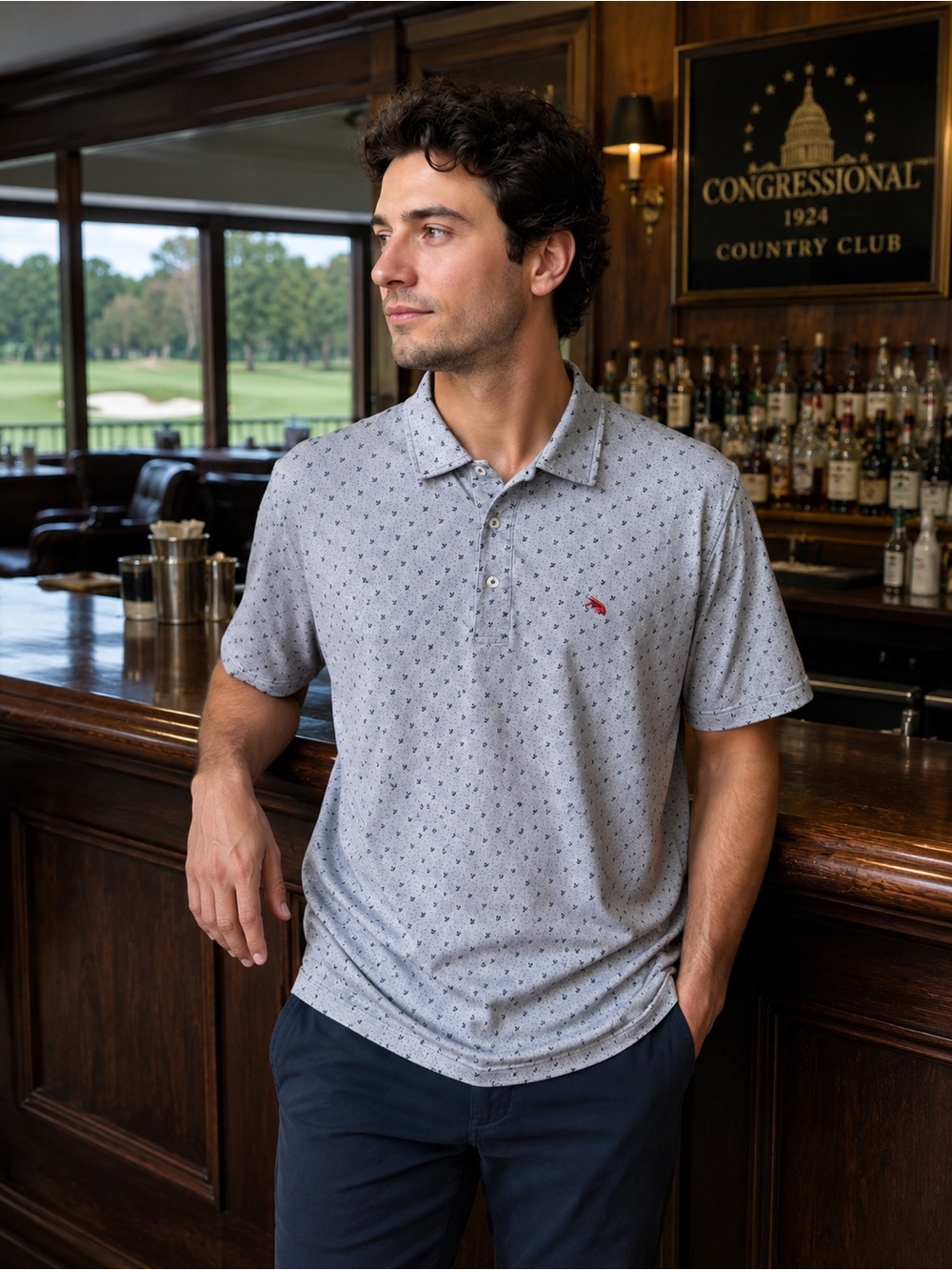 Perlis Men's Light Gray Polo Shirt with Micro Print, Crawfish Logo